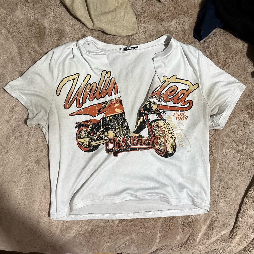 Fashion Nova White Crop Top with Orange Motorcycle Graphic